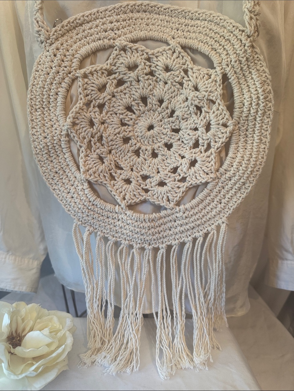 Handcrafted Cream Crochet Round Fringe Crossbody Bag 10” Diameter. - Picture 2 of 5